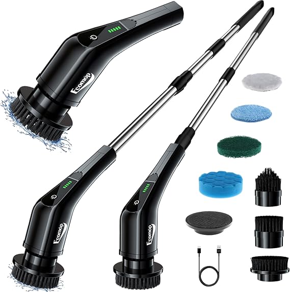2025 Upgraded Electric Spin Scrubber Shower Scrubber with Long Handle, Cordless Electric Cleaning Brush, 400 RPM Dual-Speed, IPX5 Waterproof, 90-Min Runtime, 8 Brush Heads for Powerful Cleaning