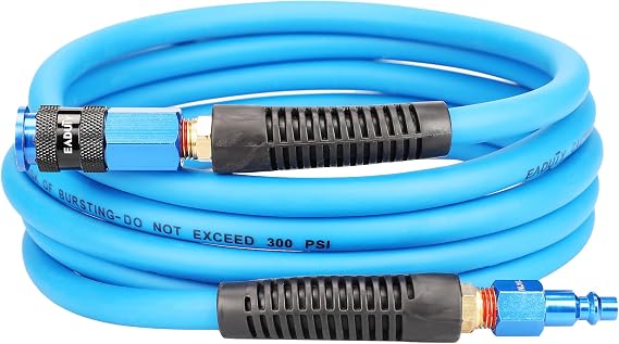 Hybrid Lead-in Air Hose 1/4 In. x 10 ft, Lightweight, Flexible, Durable Air Compressor Hose with Aluminum Universal Quick Coupler and Industrial Plug, Blue