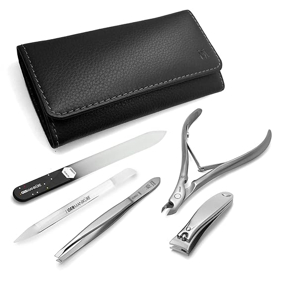 GERMANIKURE 5pc Manicure Set in Leather Case - FINOX Stainless Steel Tools Handmade in Solingen Germany Professional Nail and Cuticle Care Travel Implements