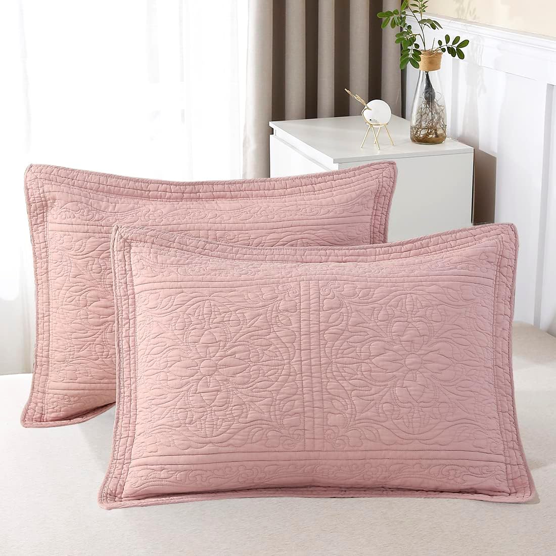 WINLIFE 100% Cotton Quilted Pillow Sham Floral Printed Pillow Cover Standard, Dusty Pink