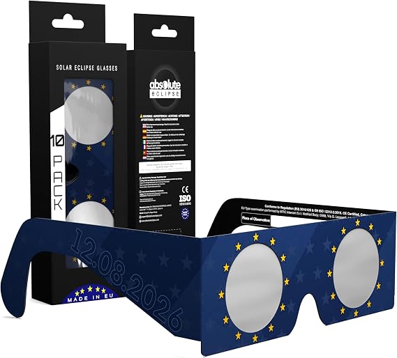 Solar Eclipse Glasses ISO 12312-2 & CE Certified – Safe Solar Viewing for Direct Sun & August 2026 Eclipse | Paper Cardboard Frame, Made in EU | For Kids & Adults