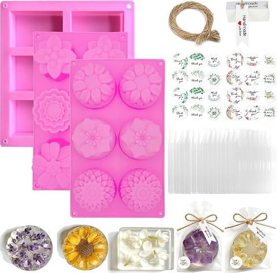 DIY Soap Making Kit, 148 Pieces with Pink Silicone Flower Molds, Handmade Gift Tags, Kraft Paper Bags, Thank You Stickers, Jute Twine for Professional Crafting