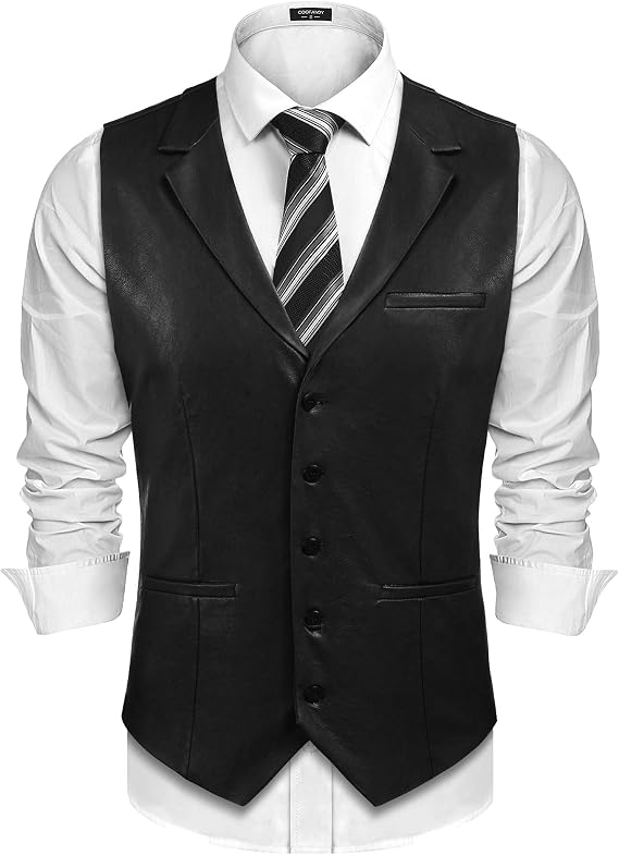COOFANDY Men Western Cowboy Vest Slim Fit Leather Suit Vest Dress Waistcoat