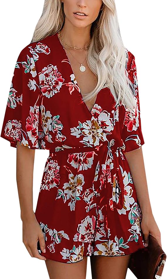 Bonkwa Women's Summer Rompers Floral Print Deep V-Neck Elastic Waist Romper Flared Half Sleeves Short Jumpsuit with Waist Tie