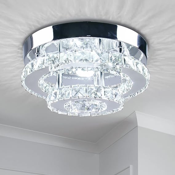 9.8" 2-Tier Crystal Flush Mount Ceiling Light LED Cool White | Small Chandelier Compact Crystal Ceiling Fixture For Hallway Bedroom Bathroom Kitchen And Office [Energy Class E]
