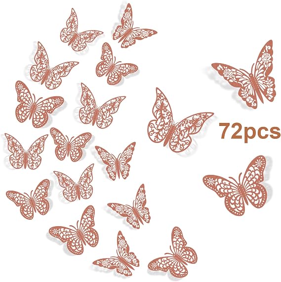 3D Butterfly Wall Decor, 72 Pcs, 3 Styles, 3 Sizes, Rose Gold Butterflies for Party, Birthday, Cake Decorations, Removable Stickers for Wedding Room Flower Decor