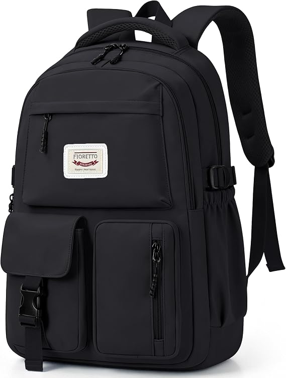 FIORETTO Lightweight School Backpack Womens, Cute School Bag for Teenager Girls, 17.3 Laptop Rucksack Backpack for School Casual Daypacks Travel Backpack for College Work Black 35L