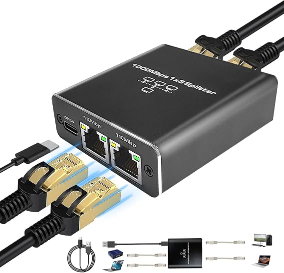Gigabit Ethernet Splitter 1 to 3 High Speed, 1000Mbps LAN Splitter (3 Devices Simultaneous Networking), RJ45 Splitter Adapter with USB Power Cable, Internet Splitter for Cat5/5e/6/7/8 Cable