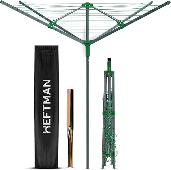 HEFTMAN Outdoor Rotary Washing Line (Green, 45m) Heavy Duty Weather-Proof | Easy Assembly 4 Arm Rotary Washing Line, Powder Coated Finish Outdoor Clothes Dryer with Cover & Ground Spike