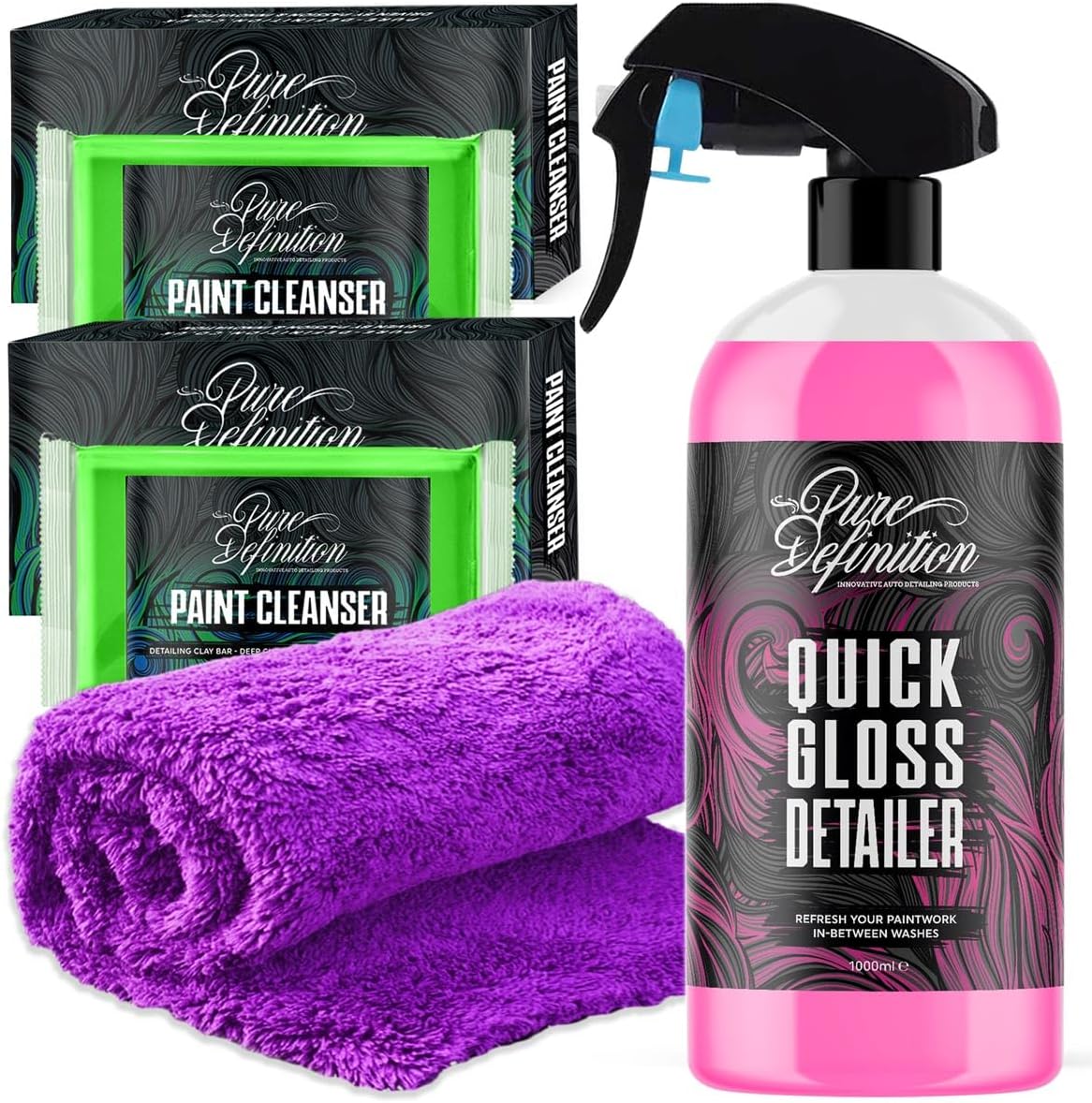 Pure Definition Car Clay Bar Kit, Fine Grade Claybar Block & Detail Lube Spray, Auto Detailing 1000ml  2 x 100g Clay  Towel