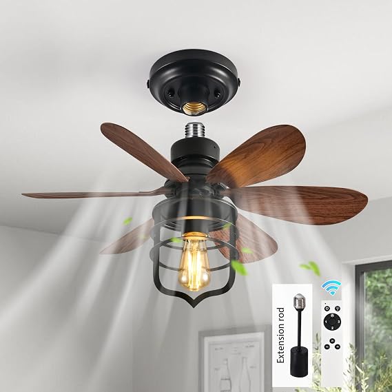 Garwarm 20" Socket Fan Light with Remote, Socket Ceiling Fan with Light E26 | Socket Breeze Ceiling Fan, Screw in Ceiling Fan in Light Socket, 3 Speeds, Timer for Garage, Bedroom, Kitchen, Small Spaces
