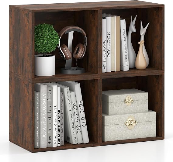 GIANTEX 4-Cube Bookcase, Stackable DIY Cube Storage Organizer, Rustic Brown
