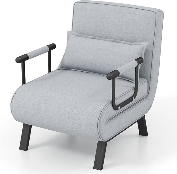 POWERSTONE Convertible Sleeper Chair Bed, 4 in 1 Living Room Reading Chair with Pillow, Arm and Adjustable 5 Position Backrest Single Sofa Bed, Light Grey (Grey)