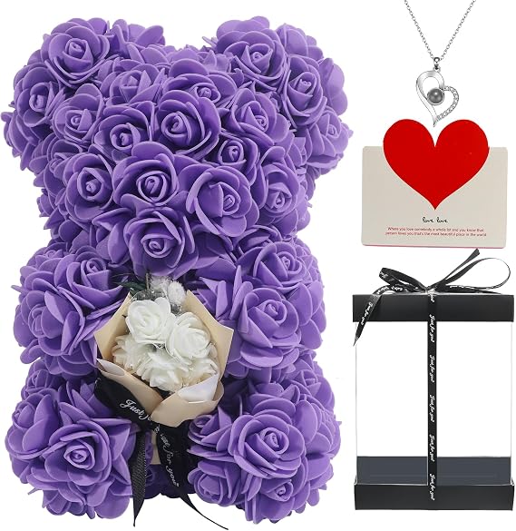 FLOWERS Rose Bear Gifts for Mom, Purple Rose Bear with Handmade Bouquet, Grandma, Wife, Valentines Day, Anniversary, Birthday, Wedding, Mothers Day, Teddy Gifts