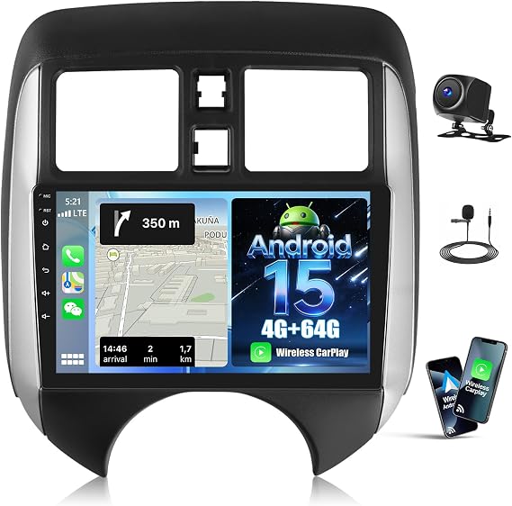 [4G+64G] Android 15 Car Stereo for Nissan Versa Note 2014-2016 with Wireless CarPlay Android Auto,9" Touchscreen Car Radio with Mirror Link Voice Control WiFi/GPS,Bluetooth,FM/RDS,SWC+Backup Camera
