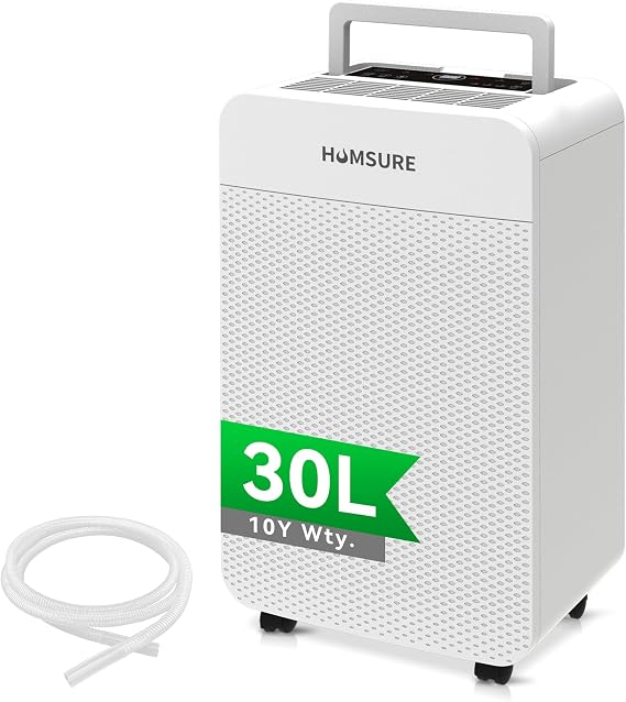 HUMSURE Dehumidifier For Basements, 30L/Day Large Dehumidifier with Drainage Hose, 5.3L Water Tank, 24 Hour Timer, Automatic Defrosting & Child Lock