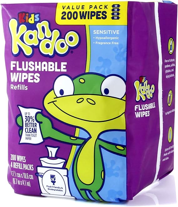 Flushable Wipes for Baby and Kids by Kandoo, Sensitve and Unscented Formula, Hypoallergenic Potty Training Wet Cleansing Cloths, 200 Count, Single Package
