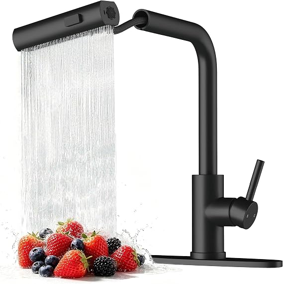 Waterfall Kitchen Sink Faucet with Pull Down Sprayer, 3 Modes(Sweep/Stream/Waterfall) Rotary Switch Stainless Steel Commercial Modern Faucet for Kitchen Sink Single Handle Black Sink Fuacet