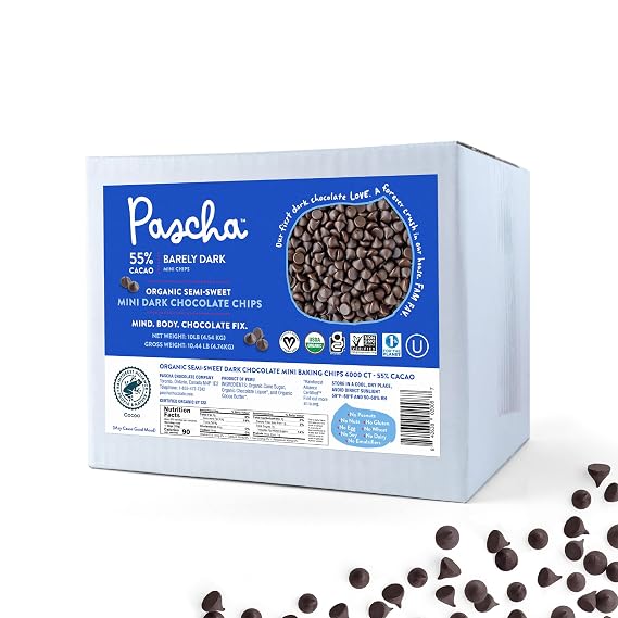 Pascha Bulk Organic Baking Mini Semi-Sweet Chocolate Chips 55% Cacao, Allergen Free, Non-GMO, Vegan, Fair Trade, 10 Pounds