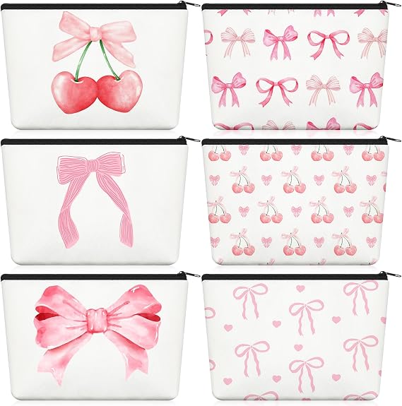 6 Pcs Pink Bow Makeup Bag Gifts for Women Coquette Bow Cosmetic Bag Bulk Preppy Travel Makeup Pouch Aesthetic Portable Versatile Zipper Pouch Birthday Gifts(Cute Style)