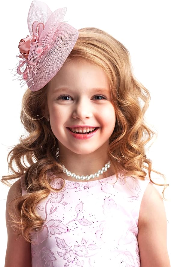 Zinniday Cute Mini Fascinator Hats - Pink Mini Elegant Veil Mesh Hat with Pearl Necklace Set for Women Girls, Little High Tea Party Kentucky Fascinator with Clip for 1920s 50s Accessories
