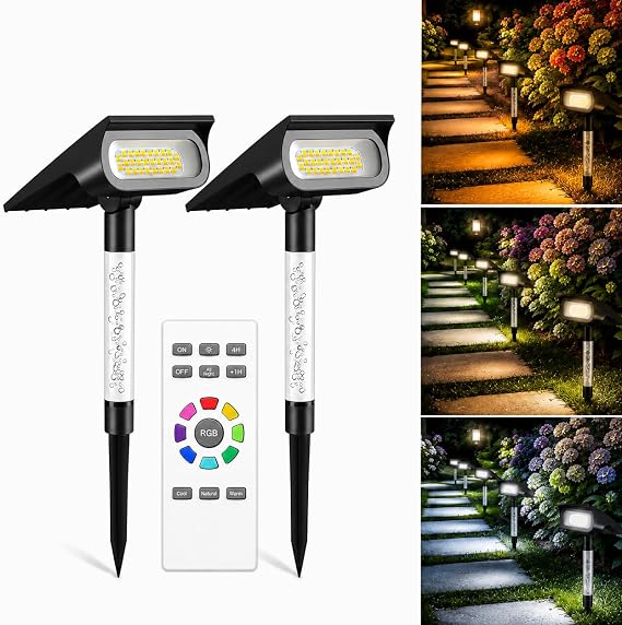 Solar Spot Lights Outdoor Waterproof Landscape Lighting 2 Pack | Remote Control, 3 Color Temperatures, Timer & Dimmable, Dusk-to-Dawn, RGB Poles, 4000mAh, 56 LEDs, 500LM, IP65 Waterproof