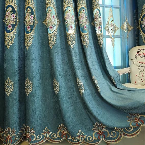 Amidoudou 1 Pair European Luxury Jacquard Hollow Curtains Embroidered Chenille Curtains for Living Room Bedroom (Blue,37x84 Inch)