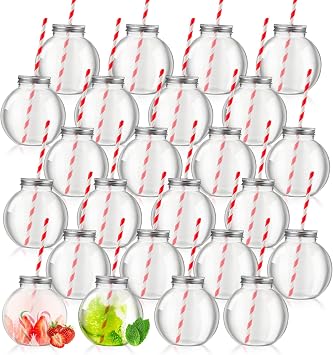 Yaomiao 24 Packs 16 oz Plastic Fish Bowl Christmas Ornament Cups with Straw for Drinks Plastic Candy Jar Potion Bottles with Aluminum Hole Lids Clear Spherical Bowls Bulb Cups for Carnival Games