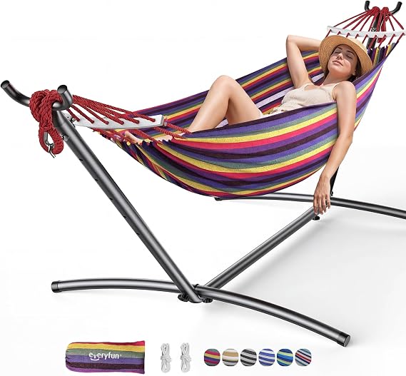 Everyfun Double Hammock with Stand for 2 Person, 600 lb Capacity, Rainbow