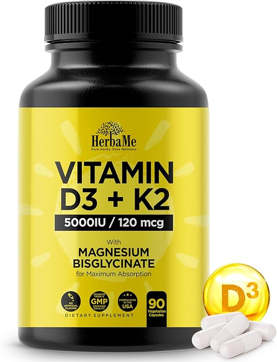 HerbaMe Vitamin D3 5000 IU + K2 with Magnesium Bisglycinate | Complete D3 Activation & Absorption Support Formula | Bone, Muscle & Immune Wellness | 90 Capsules