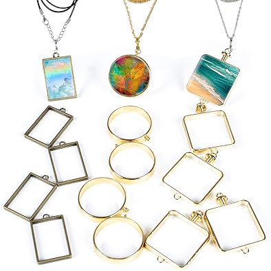 FUNSHOWCASE Open Bezel Charms Set Geometric Frames, Chains, Pinch Bail Connectors, Screw Eye Pins, Resin Jewelry Making 35-count