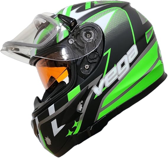 Vega V-Star Snowmobile Helmet with Electric Heated Shield & Amber dropdown shield, Green Evoluition, Large