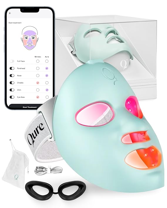 Qure LED Light Therapy Mask for Face - FDA Cleared for Wrinkles & Acne Treatment with 3 Modes, 5 Facial Areas & 5 Lights: Red, Deep-Red, Blue, Amber & Infrared, 3-Min Daily, Eye-Protection, Smart App