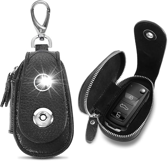 Car Key Cover Genuine Leather Car Key Fob Case for Universal Car Keys, Black Car Key Chain Keychain Holder Metal Hook and Keyring Zipper Bag for Remote Key Fob
