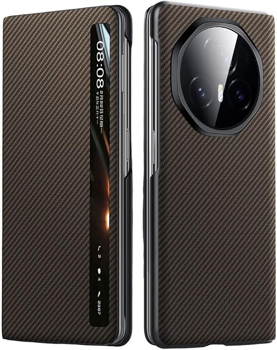 Case for Honor Magic V3, Smart Sleep/Wake Up Function Clear View Window Slim Hard PC Flip Cover Carbon Fiber Texture Phone Case for Honor Magic V3,Brown
