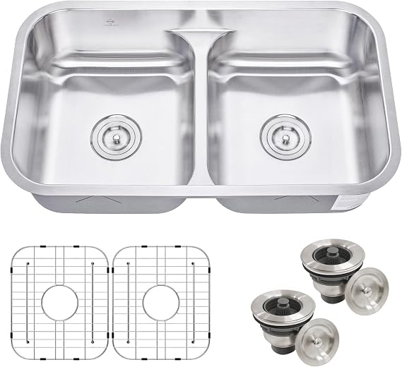 CozyBlock 32-Inch Undermount Kitchen Sink 16 Gauge Stainless Steel Low-Divide 50/50 Double Bowl Sink, Includes Protective Bottom Grids and 2 Basket Strainers, Heavy Duty, Soundproof, Dent-Resistant
