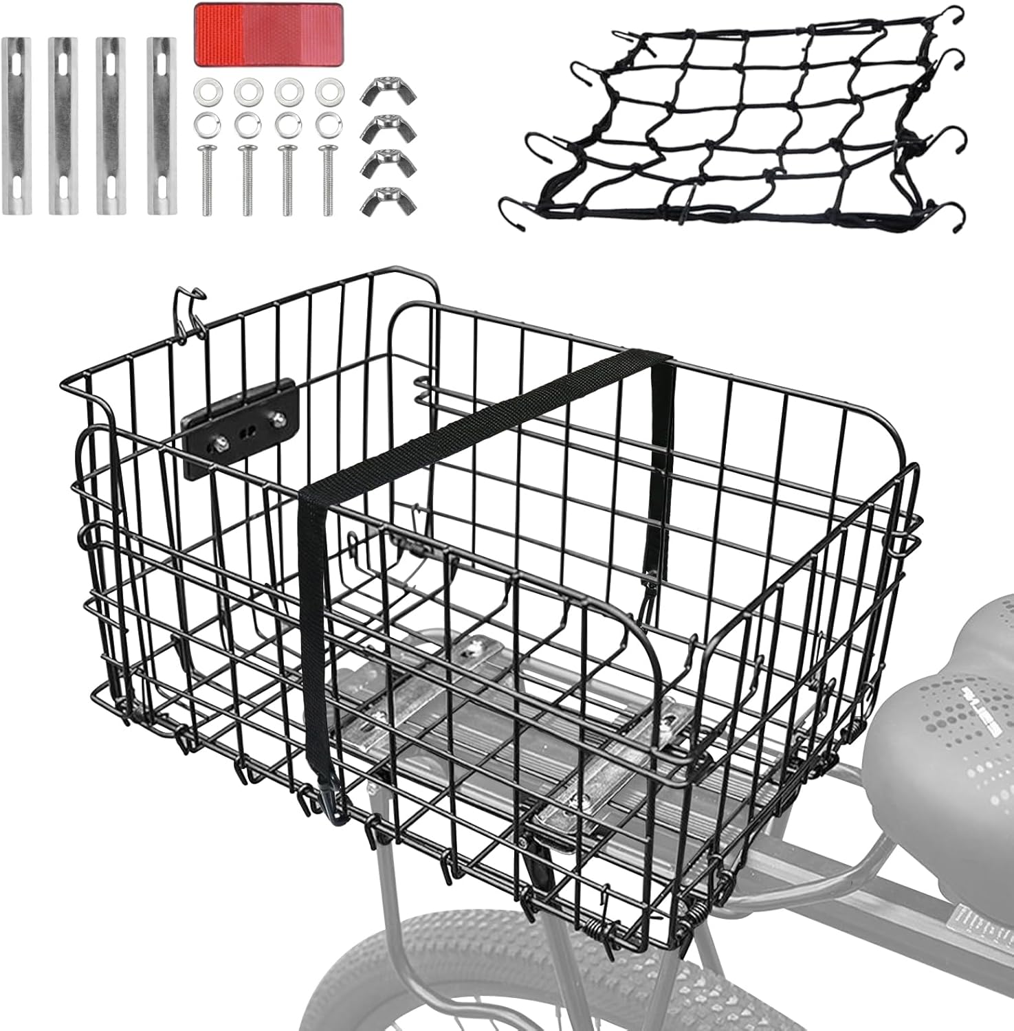 Rack Mount Metal Black Large Rear Bike Basket with Elastic Cargo Net, 20kg Load Capacity