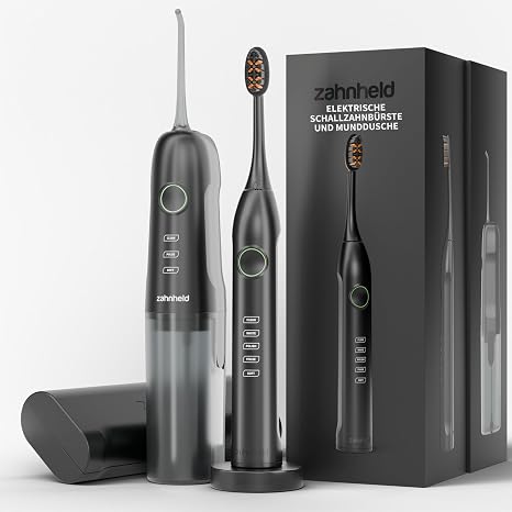 Zahnheld Schallzahnbürste Gero G3 & Munddusche AQUADENT Set USB-C Schwarz Elektrische Zahnbürste Zahndusche für Zahnzwischenräume Zahnreinigung & Mundhygiene Andrucksensor Timer mehrere Modi
