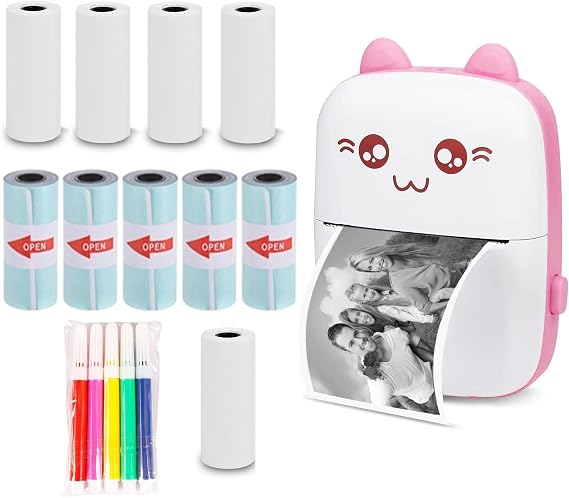 WANGCL Thermal Label Printer with Usb Recharge Portable Bluetooth Wireless Photo Printer Compatible with Android or iOS with 1 Roll Thermal Paper（Pink）