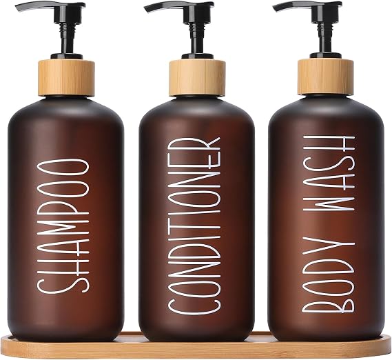 MOMEEMO Amber Shower Dispenser Set, Contains 3 Extra-Thick PET Plastic Bottles with Bamboo Pumps, Shampoo and Conditioner Dispenser for Shower Perfect for Modern Bathroom Decor. (Amber)