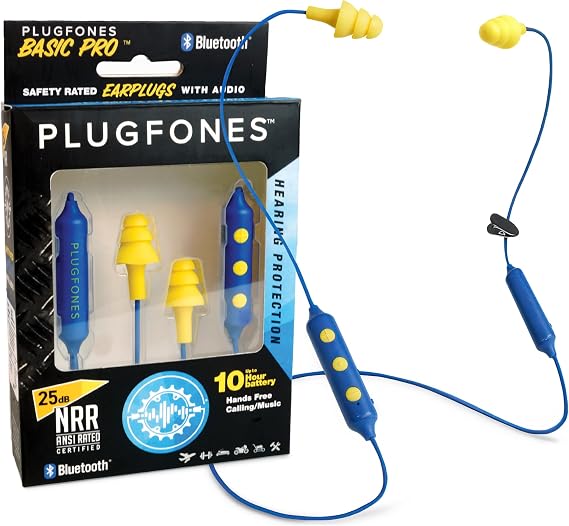 Plugfones Basic Pro Bluetooth Earplug Headphones for Work, Wireless in-Ear Safety Earbuds, 25dB NRR OSHA Compliant Hearing Protection with Noise Isolating Mic & Controls (Blue & Yellow)