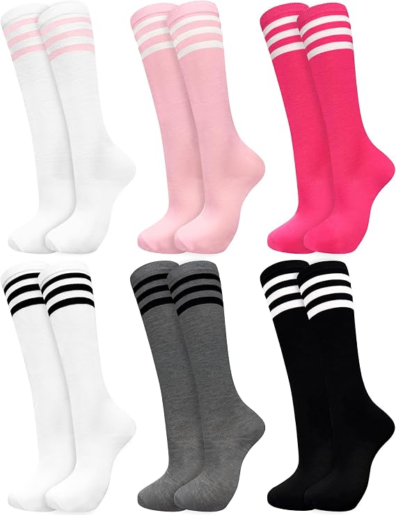 6 Pair Women's Knee High Striped Socks, Long Tube Thin High Athletic Socks Tall Stockings for Outdoor Sports, Roller Skating, Soccor Basketball Football Baseball