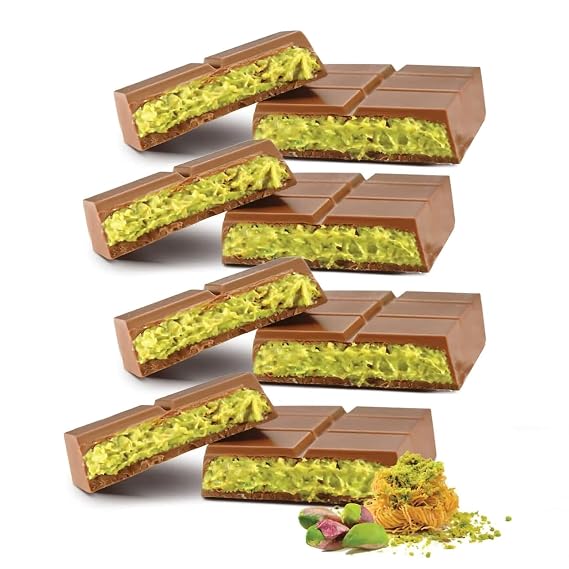 Dubai Chocolate Bar Pistachio | Milk Chocolate Filled with Pistachio Cream and Kataifi (3.17 oz (Pack of 4))