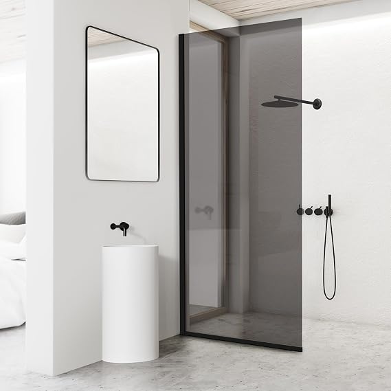Bathroom Shower Door Screen, 34 in. W x 74 in. H Single Panel Frameless Shower Screen with Tempered Glass, for Bathroom and Bathtub, Smoked Gray Shower Door Screen with Matte Black Rods