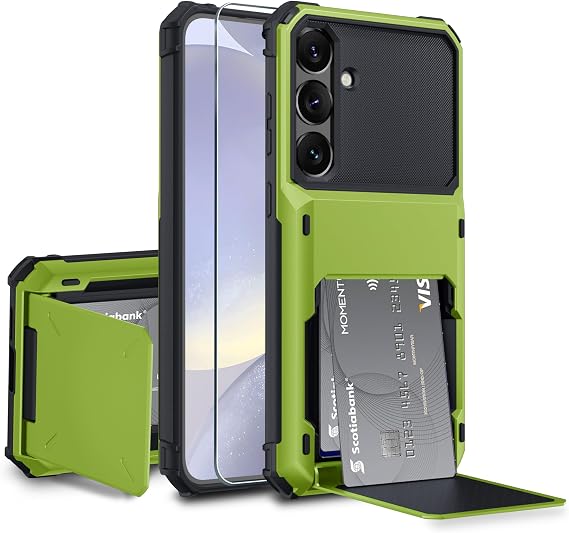 Compatible with Samsung Galaxy S25 5G Case Built-in Card Holder[Store 5 Cards]+Screen Protector,RFID Protection,Dual Layer TPU Heavy Duty Shockproof Phone Case,2025 Green