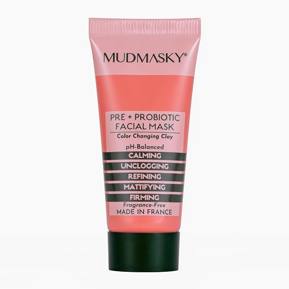 MUDMASKY Pre + ProBiotic Facial Mask, Color Changing Clay, TRAVELSIZE MINI 0.5 FL OZ. - 4 USES, pH-balanced, unclogs pores, reduces shine in less than 2 minutes. Made in France.