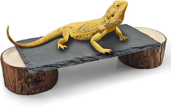 Bearded Dragon Basking Platform,Reptile Slate Rocks with Wooden Pile,Leopard Gecko Hides and Caves Climbing Tank Accessories for Lizards Snakes Tortoise Ball Python(Small)