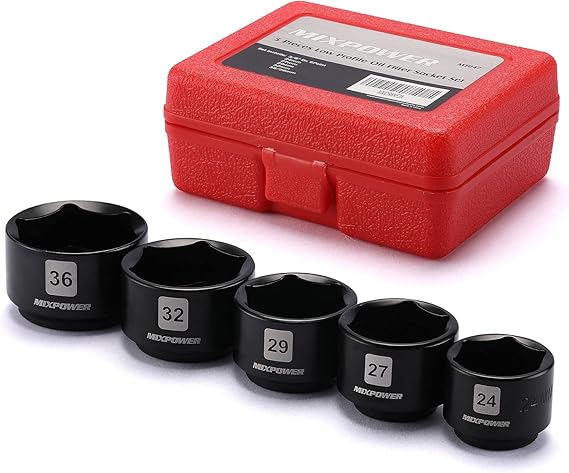 MIXPOWER 5 Pieces 3/8 inch Drive Low Profile Fuel Filter Socket Set, Low Profile Design for Easy Access, Chrome Vanadium Steel for Resist Rust and Corrosion, Low Profile Design for Easy Access