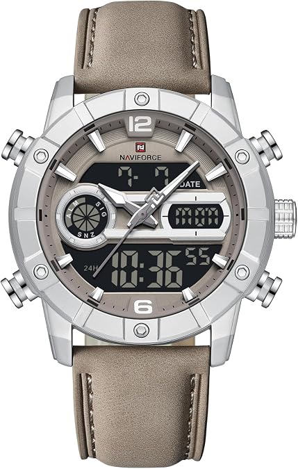 NAVIFORCE Mens Watch Digital Military Watches Leather Strap Alloy Case Waterproof Analog Watch Luxury Dress Sport Designer Wrist Watches Dual Time Luminous Alarm