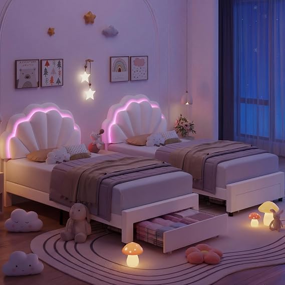2 Set Girls Twin LED Bed Frame with Storage & Double Petal Headboard, Beige